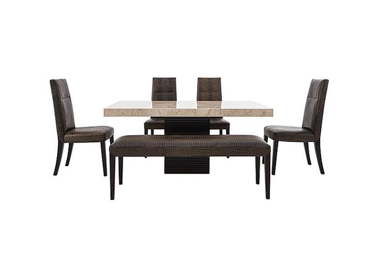 Stone International - Adriana Rectangular Marble Dining Table with 4 Dining Chairs and Bench