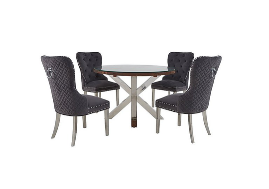 Chennai Round Table and 4 Quilted Chairs Dining Set - Grey