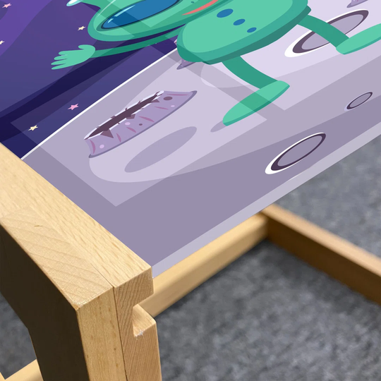 Alien Coffee Table, Cartoon Interpretation Of A Mysterious Vertical Space Shot On The Moon Earth Stars, Acrylic Glass Center Table With Wooden Frame F