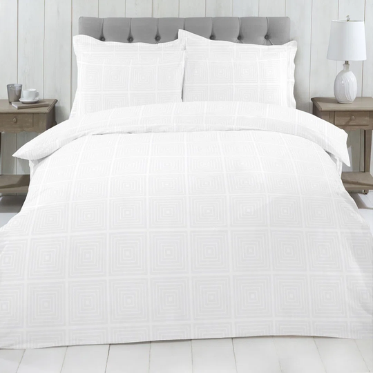 NightComfort White Jacquard Squares Reversible Duvet Cover Set With Pillowcases Bedding Set
