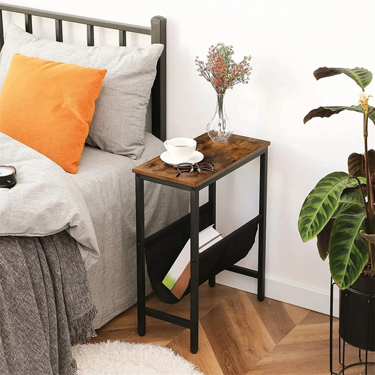 Narrow Side Table, Slim Bedside Table With Magazine Holder Sling, Skinny Sofa End Table For Small Spaces, Metal Frame, Easy Assembly, Wood Look Accent
