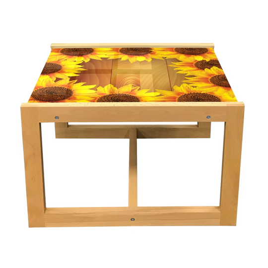 Sunflower Coffee Table, Sunflower Arranged In A Circle On A Wooden Background Flower Frame Illustration, Acrylic Glass Center Table With Wooden Frame