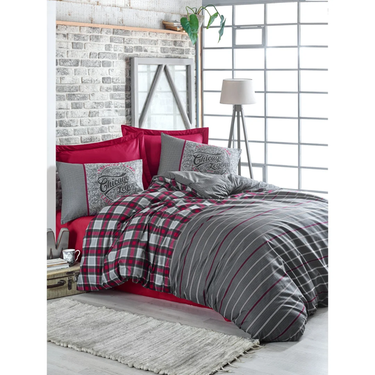 Amatia Red/Grey 100% Cotton Duvet Cover Set
