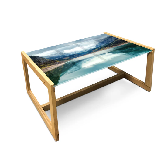 Landscape Coffee Table, Alpine Lake With Dramatic Sky Forest And Mountains Journey Art, Acrylic Glass Center Table With Wooden Frame For Offices Dorms