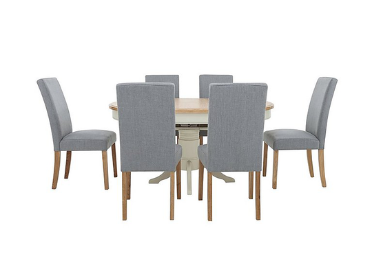 Furnitureland - Angeles Round Extending Dining Table and 6 Fabric Dining Chairs in Nickel - Grey