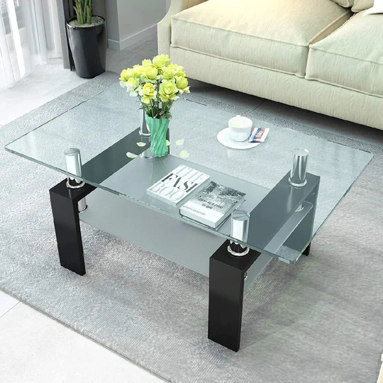 Glass Coffee Table With Storage, 2-Tier Rectangle End Table Modern Living Room Side Table With Metal Leg 100 X 60 X 44Cm