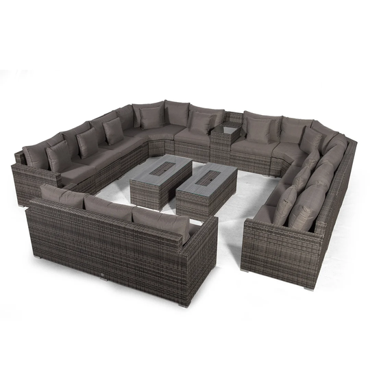 Villasenor Grey Rattan 10 Seat Sofa With 2 X Rectangle Ice Bucket Coffee Table & 3 Seat Sofa + Drinks Cooler, Outdoor Patio Garden Furniture