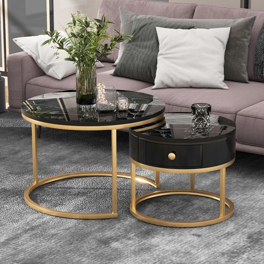Round coffee table set with metal legs, modern side table made of high-gloss marble with 1 drawer, for living room office, white