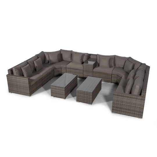 Villasenor Grey Rattan U Shape 8 Seat Sofa With 2 X Rectangular Coffee Table & Drinks Cooler, Outdoor Patio Garden Furniture