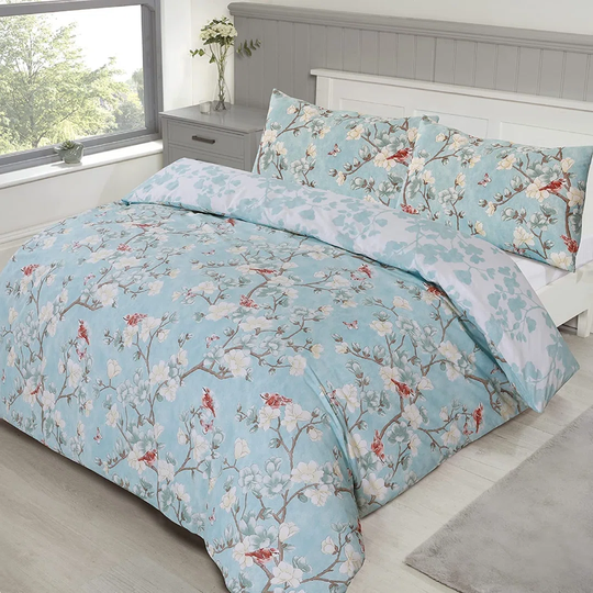 NightComfort Toile Floral Butterflies Light Blue Cotton Rich Duvet Cover Set with Pillowcase