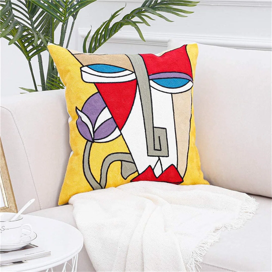 Pack Of 4 Canvas Cushion Covers Embroidery Craft Soft Pillowcase 18X18 Inch Picasso Abstract Painting Funky Decorative Throw Pillow Cover For Sofa Bed
