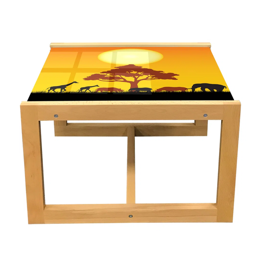 Savannah Coffee Table, Silhouette Of Elephants Zebras Grassland And A Tree The Sun Nature, Acrylic Glass Center Table With Wooden Frame For Offices Do