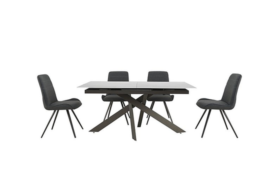 Samurai Extending Dining Table with White Stone Top and 4 Dark Grey Faux Leather Dining Chairs