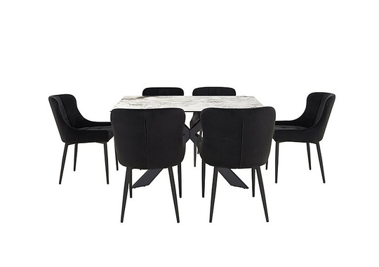 Kos Dining Table with 6 Velvet Dining Chairs Dining Set - Black