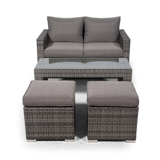 Villatoro Grey Rattan 2 Seat Sofa With 2 Stool Coffee Table, Outdoor Patio Garden Furniture