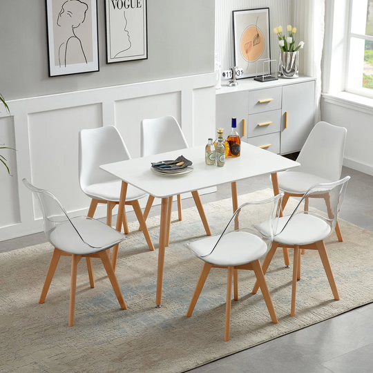 Set Of 6 Dining Chairs Upholstered Chair With Beech Wood Legs And Padded Chair For Dining Room Living Room Bedroom Kitchen Meeting Room,White + Transp