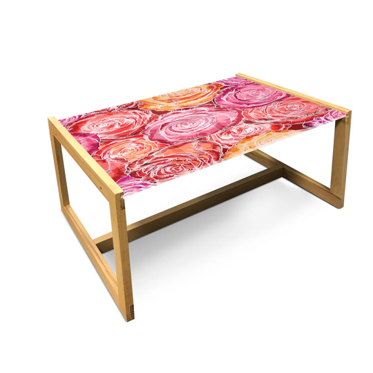 Floral Coffee Table, Dreamy Illustration Of High Detailed Romantic Pink Roses Garden Art, Acrylic Glass Center Table With Wooden Frame For Offices Dor