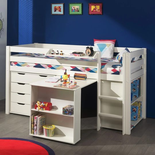 Pino European Single Mid Sleeper Bed with Desk, Shelf and Chest of Drawers