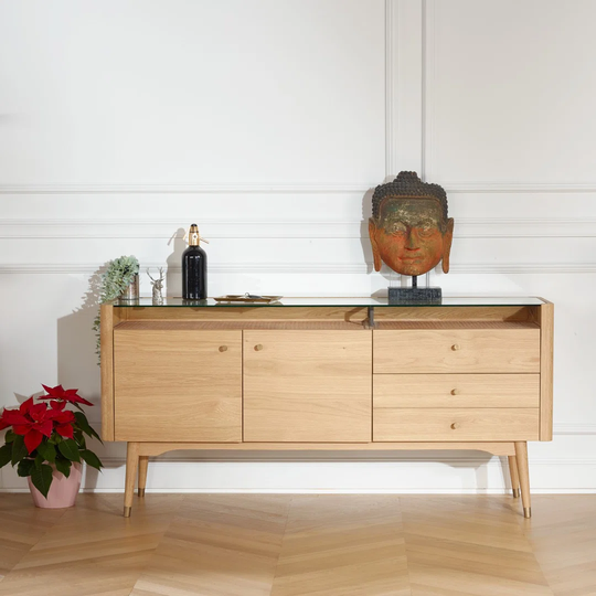 LEON Glass, Oak and Cane Sideboard Scandinavian by Robin Interiors