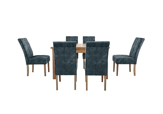 Furnitureland - California Solid Oak Rectangular Extending Table and 6 Velvet Fabric Dining Chairs