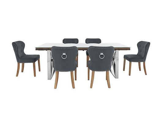 Chennai Dining Table with X-Shaped Legs and 6 Upholstered Dining Chairs - 180-cm - Grey