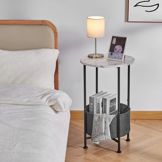 Industrial 2 Tier Round End Table, 66Cm Height Rustic Side Table With Removable Fabric Storage Basket, Home Office Coffee Snack Bedside Table Laptop D