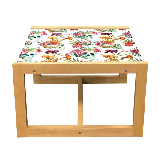 Skull Coffee Table, Lilies Tropical Flower Blooms Leaves On Skull With Watercolor Painting Effect, Acrylic Glass Center Table With Wooden Frame For Of