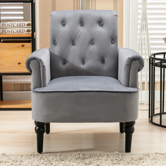 Modern Accent Chair Tufted Button Reading Chair With Arms Upholstered Tall Back Velvet Desk Chair With Solid Wood Legs For Living Room Bedroom Waiting