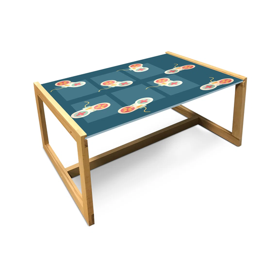 Gaming Coffee Table, Retro Video Games Consoles Repetitive Pattern, Acrylic Glass Center Table With Wooden Frame For Offices Dorms Petrol Blue Multicl