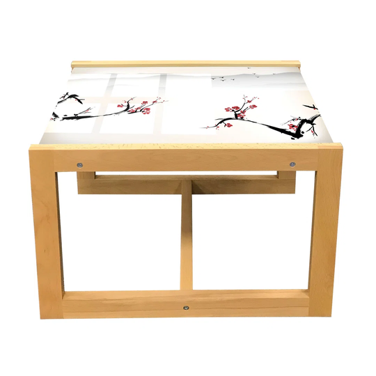 East Coffee Table, Japanese Nature Landscape National Sakura Flower Over Himalayas And Flying Gulls, Acrylic Glass Center Table With Wooden Frame For
