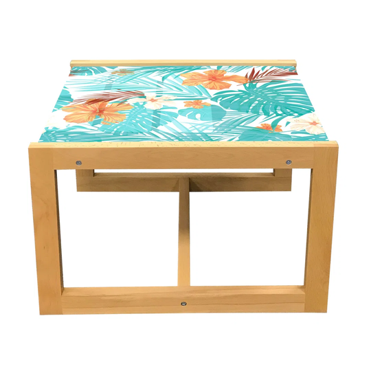 Aloha Coffee Table, Summer Scene Of Palm Tree Leaves And Hibiscus Flowers, Acrylic Glass Center Table With Wooden Frame For Offices Dorms Orange Turqu