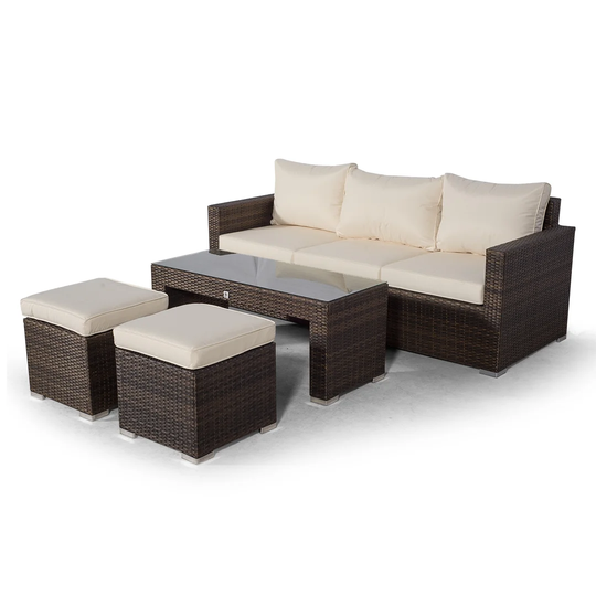 Villatoro Brown Rattan 3 Seat Sofa With 2 Stool Coffee Table, Outdoor Patio Garden Furniture