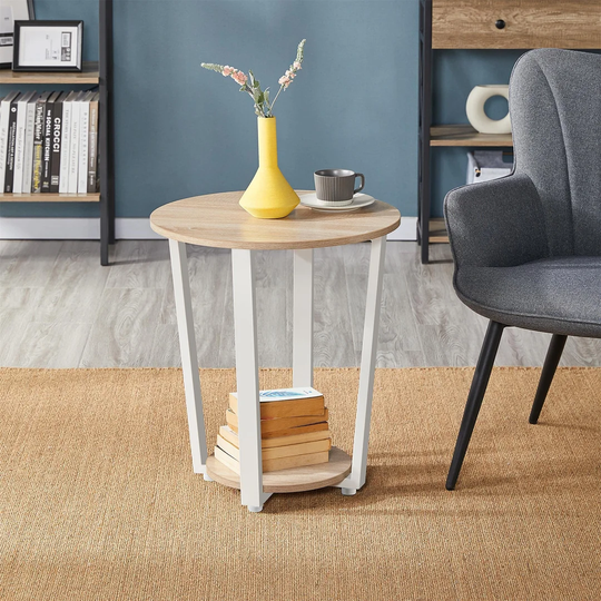 Side Table, Round End Table, Small Nightstand Sofa Table With Storage Rack, 2-Tier Coffee Snack Table With Metal Frame For Living Room Bedroom Balcony