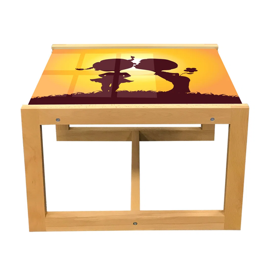 Kissing Coffee Table, Silhouettes In Sun Cartoonish Bicolour Image, Acrylic Glass Center Table With Wooden Frame For Offices Dorms Dark Maroon Pale Or