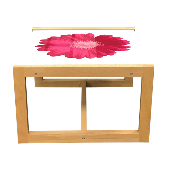 Gerber Daisy Coffee Table, Close Up Drawing Of Feminine Pinkish Flower Petal, Acrylic Glass Center Table With Wooden Frame For Offices Dorms Dark Pink