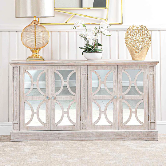 150cm Wide Wooden Sideboard for Living Room Furniture, 4 Door Mirrored Storage Buffet Cabinet