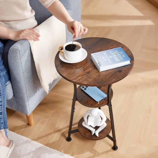 Small Side Table,3 Tier Small Round Table With Wooden Shelves, Rustic Retro Small Table Corner Sofa Table For Living Room Bedroom Black