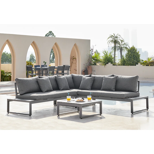 Outdoor 6 Seat Grey Corner Sofa and Table Set with In-Built Side Tables for Modern Gardens