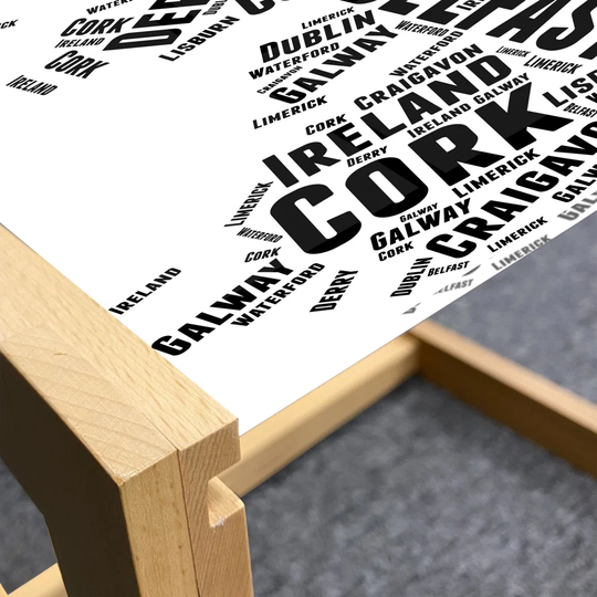 Ireland Map Coffee Table, Modern Calligraphic Monochrome Design Of Map Shape With City Names, Acrylic Glass Center Table With Wooden Frame For Offices