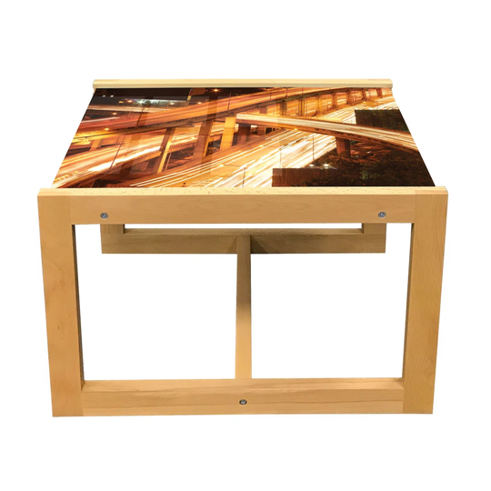 Cityscape Coffee Table, Modern Urban Roads Night Time Scenery Living Evening Highway Fast Cars, Acrylic Glass Center Table With Wooden Frame For Offic