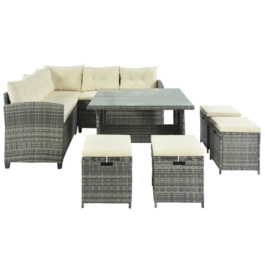 Aniecia 8PCS Patio Furniture Set, Wicker Rattan Corner Patio Dining Sofa Set With Dining Table & Chair & 4 Ottoman Outdoor Lounger Sofa With Cushions,