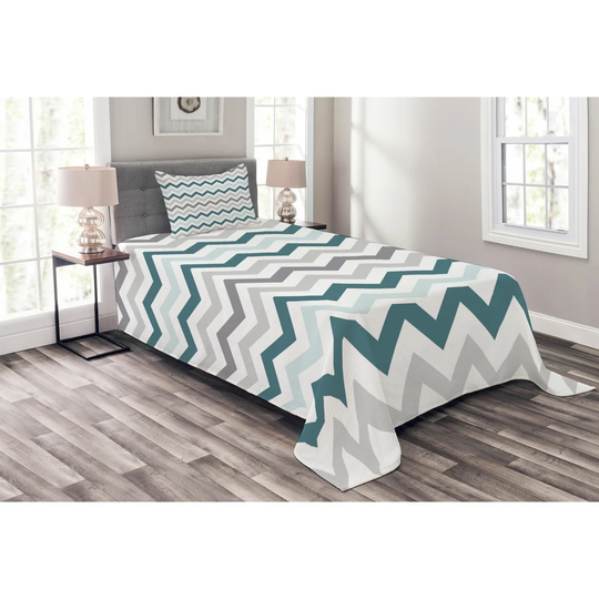 Chevron Bedspread, Illustration With Simplistic Geometric Zigzags Modern Design Pastel Tone Graphic, Decorative Quilted Piece Coverlet Set With Pillow