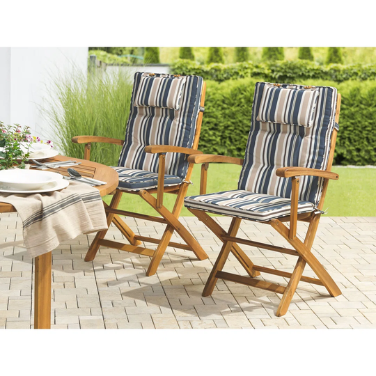 Set Of 2 Acacia Garden Folding Chairs With Blue Stripes Cushions Wilsonia