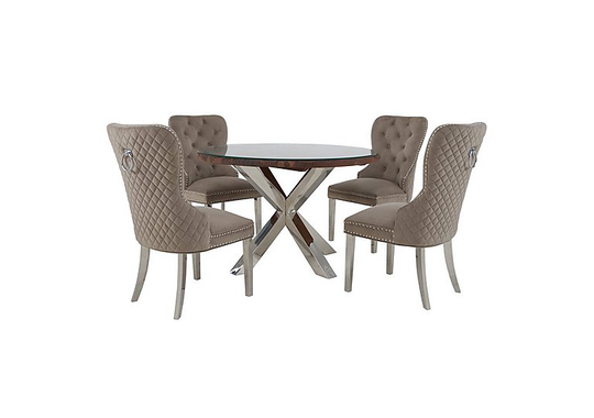 Chennai Round Table and 4 Quilted Chairs Dining Set - Brown