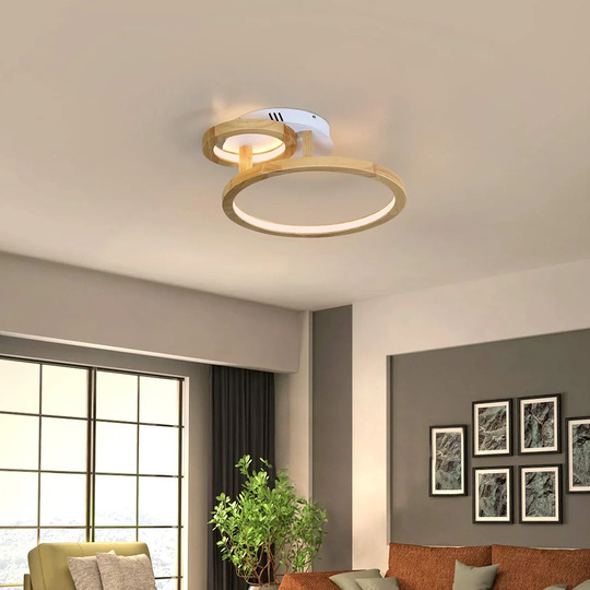 Ivy Bronx LED Ceiling Light Wood Dimmable Living Room Lamp 52Cm Ring Bedroom Lamp Modern Chandelier 37W Indoor Ceiling Lamp With Remote Control For Li
