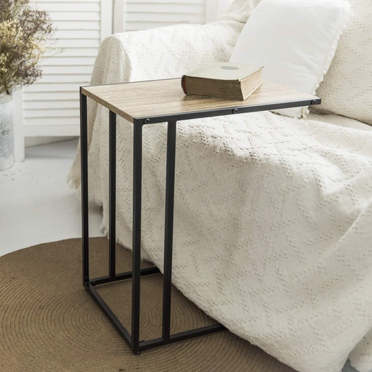 Acherman C-Shaped Side End Coffee Table, Small Slide Under Coach Sofa Snack C Table For Laptop, Black Metal Frame, Modern Industrial Wood Look