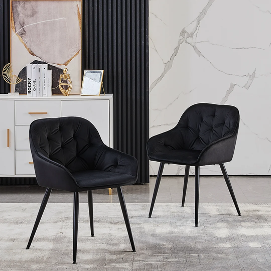Set Of 2 Black Velvet Armchairs,dining Chairs With Diamond Tufted, Crossed Legs