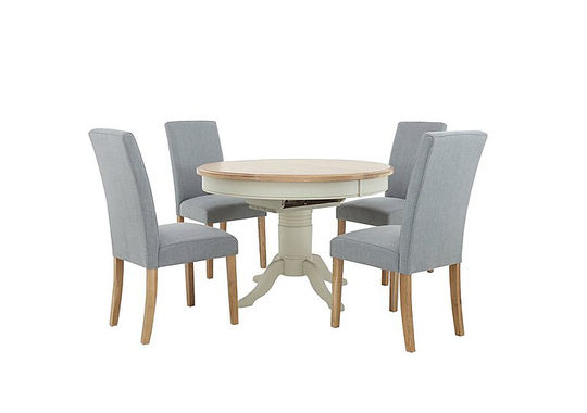 Furnitureland - Angeles Round Extending Dining Table and 4 Fabric Dining Chairs in Nickel - Grey