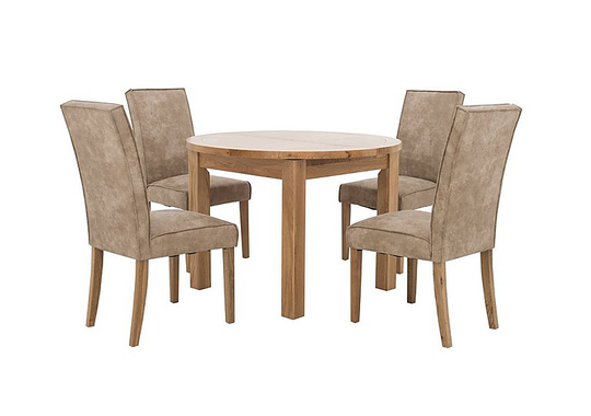 Furnitureland - California Round Solid Oak Extending Dining Table and 4 Faux Suede Dining Chairs