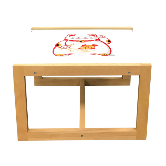 Japanese Cat Coffee Table, Cat Maneki Neko Eating Fish With Chopsticks, Acrylic Glass Center Table With Wooden Frame For Offices Dorms Marigold Vermil
